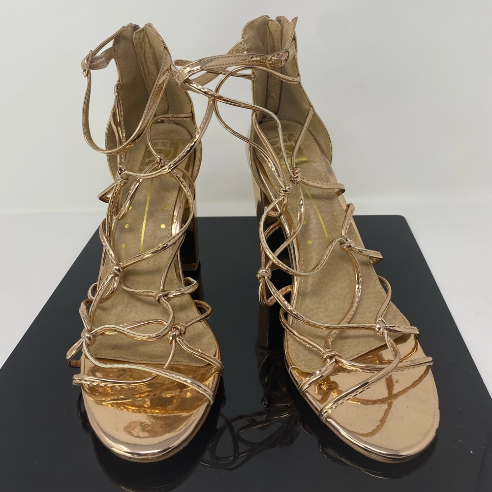 Rose Gold Strapy Sandals with Bulk Heel